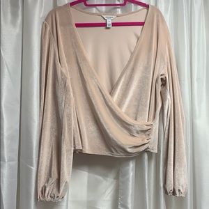 Cropped blush pink velvet wrap blouse